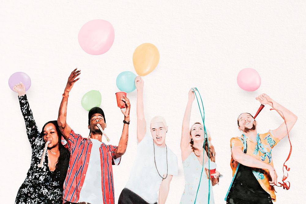Diverse party people, birthday celebration, watercolor illustration psd