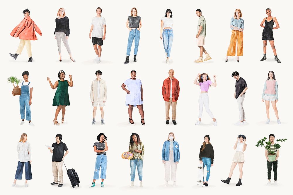 Diverse people's hobby watercolor illustration, full body set vector