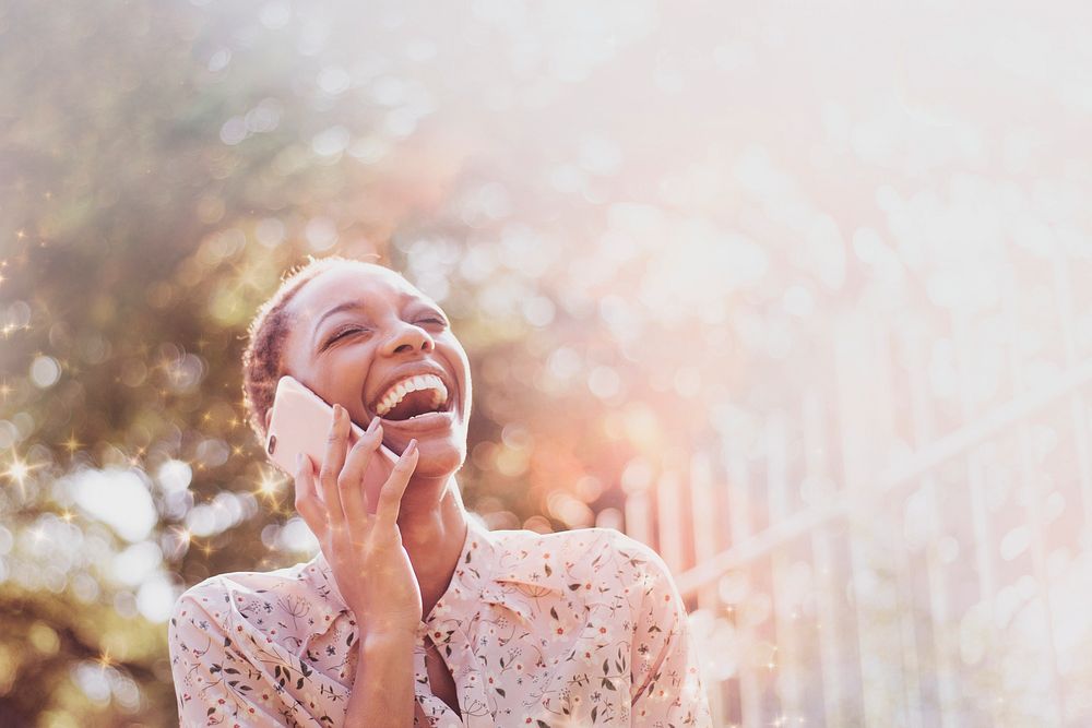 Happy woman background, talking on the phone