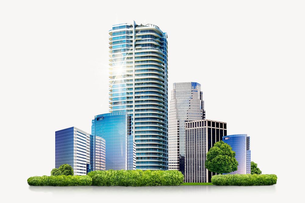 Modern city skyline, office buildings & skyscrapers psd