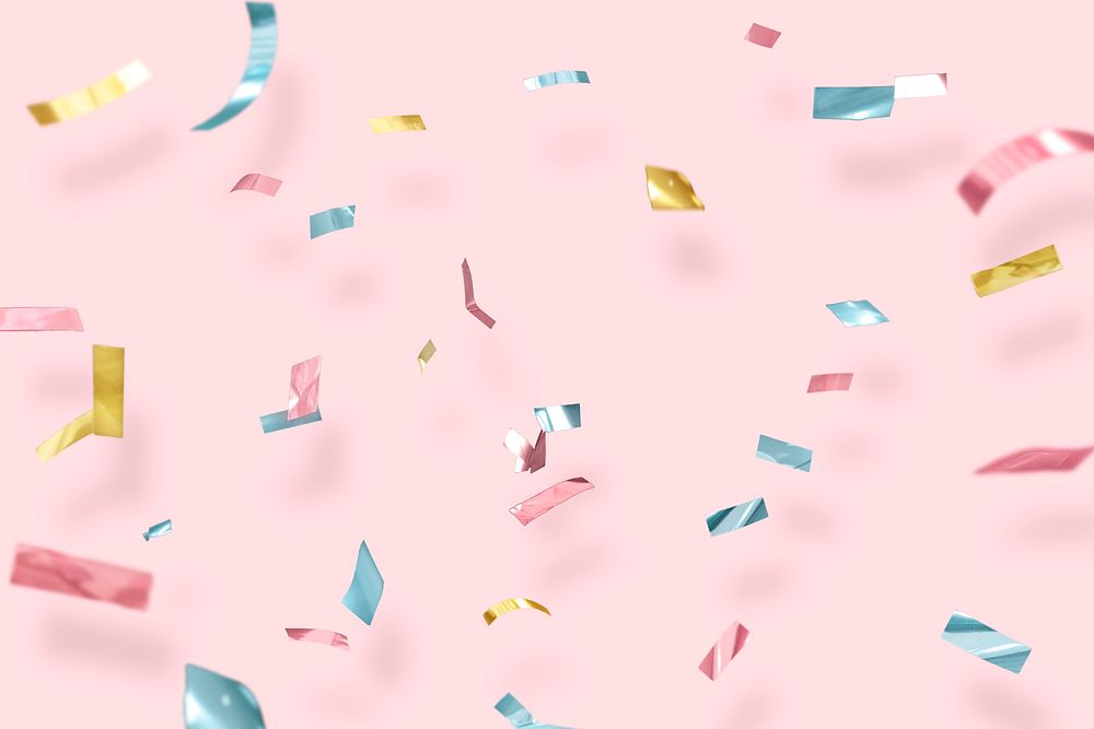 Festive confetti, pastel pink background