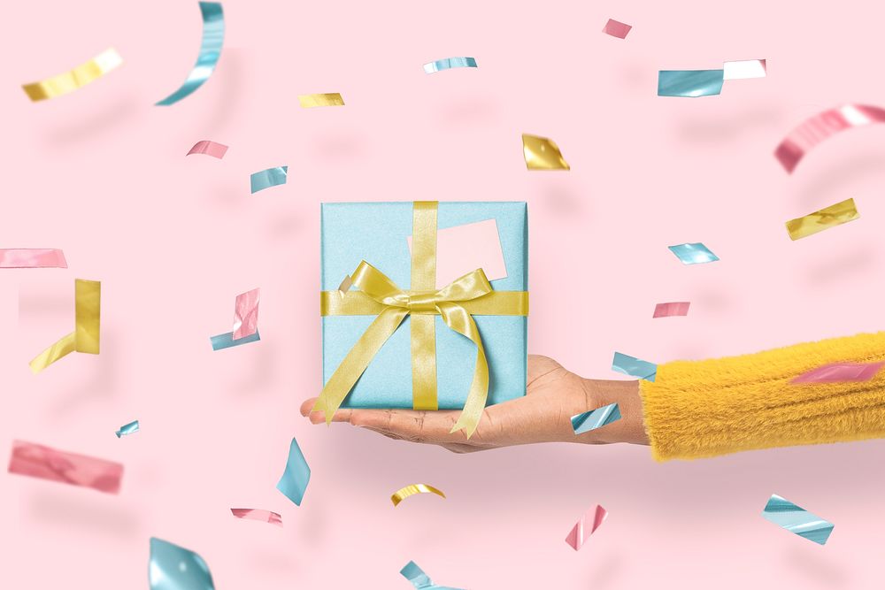 Birthday gift box, pink background psd