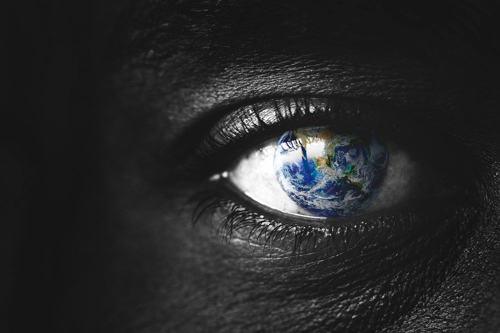 Save the Earth background, woman with a globe in her eye