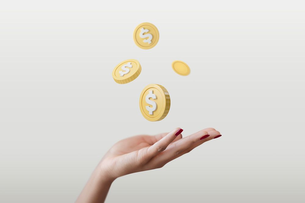 Money background, dollar coins falling into hand psd