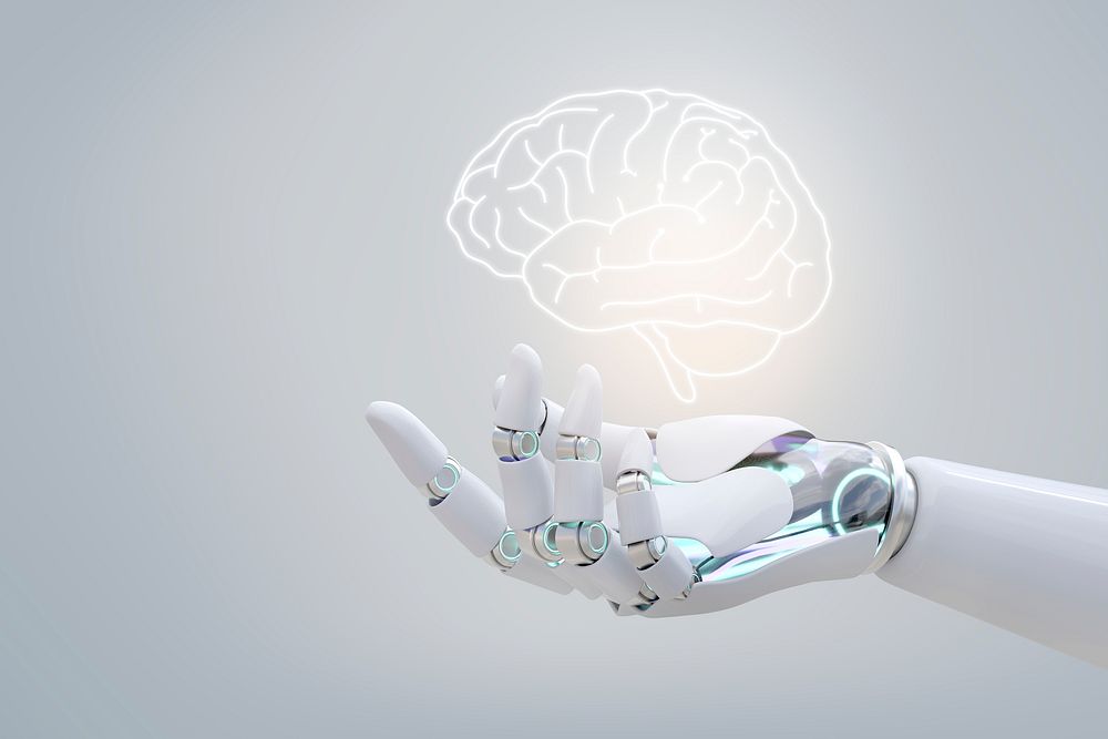 Robot holding brain, AI robotics psd