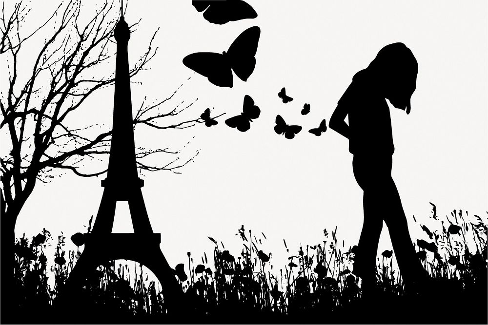 Eiffel tower silhouette background, girl walking alone vector