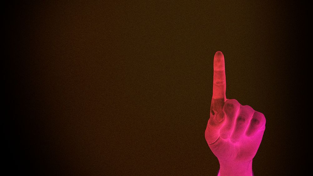 Dark desktop wallpaper, neon hand pointing to screen
