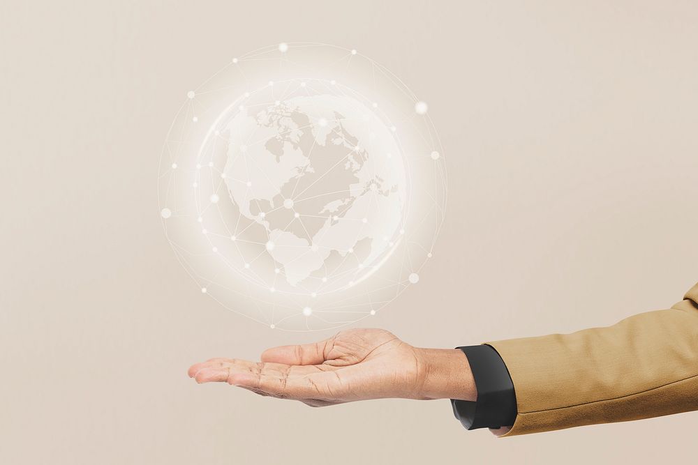 Global business & connection background, businessman holding earth psd