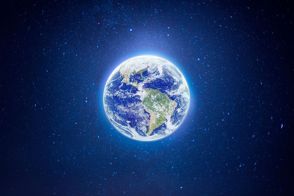 Planet Earth background, glowing in dark blue galaxy psd