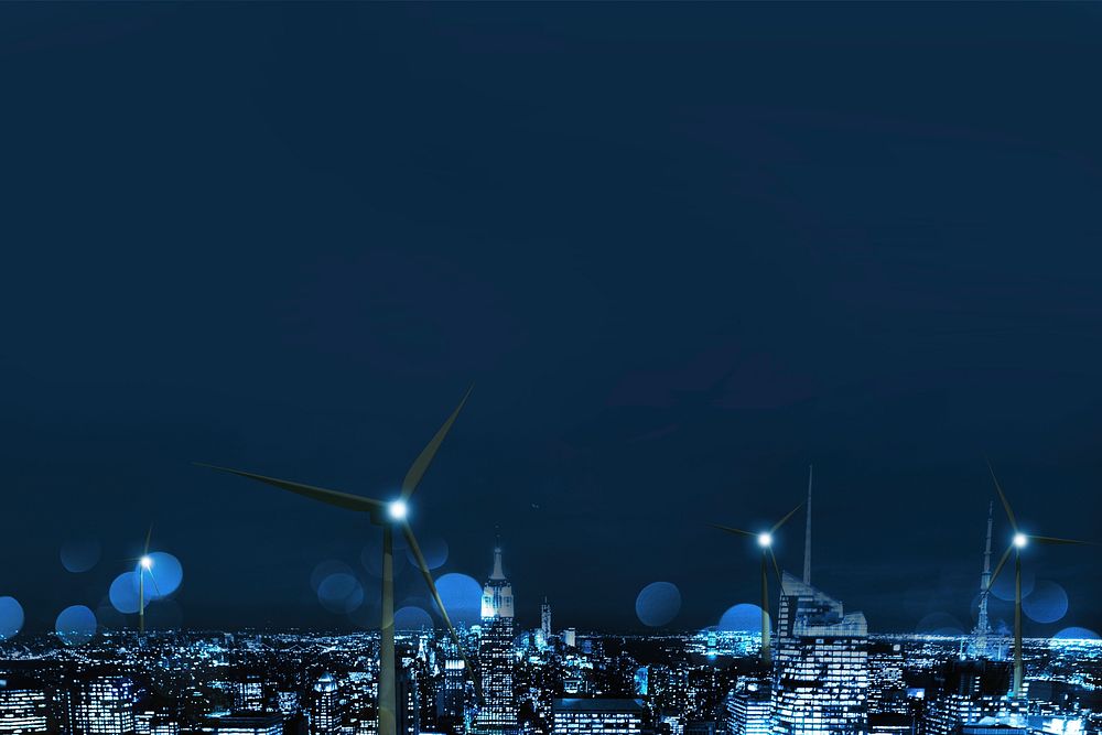 Blue background, renewable energy city, wind turbines border psd