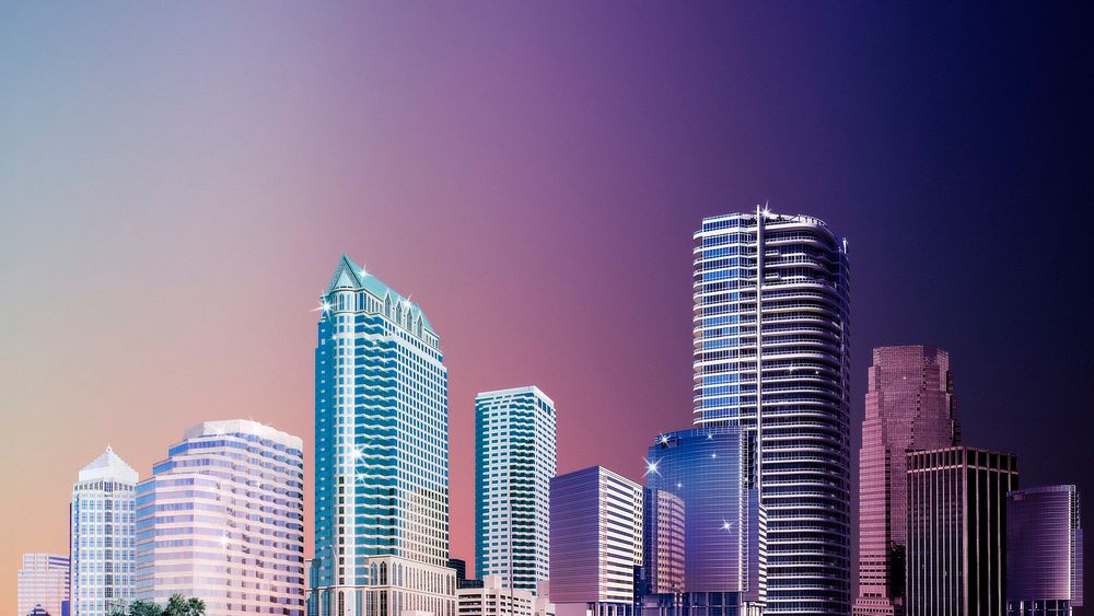 Neon skyline desktop wallpaper, business district background
