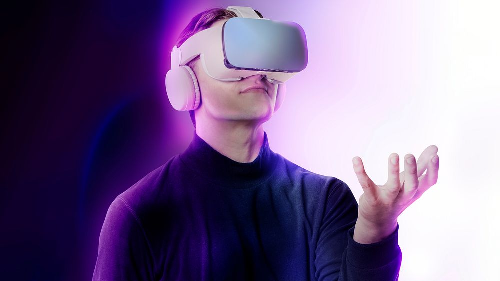 Purple technology desktop wallpaper, man experiencing VR headset