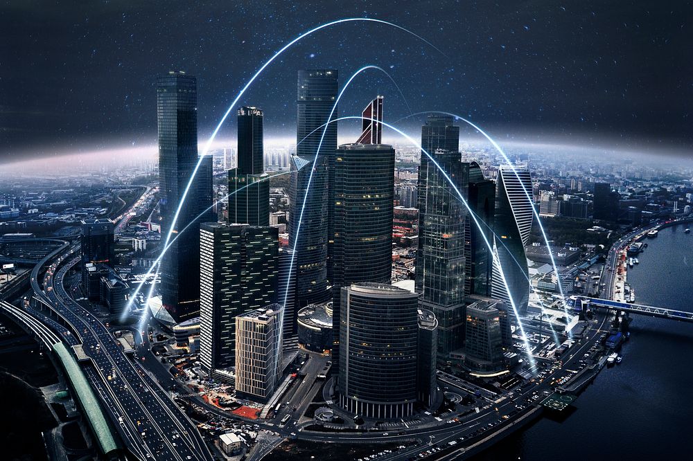 Connected office buildings, skyline background psd