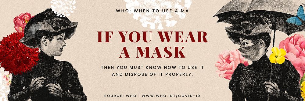 Advice on proper ways to wear a mask provided by WHO and vintage illustration psd mockup banner
