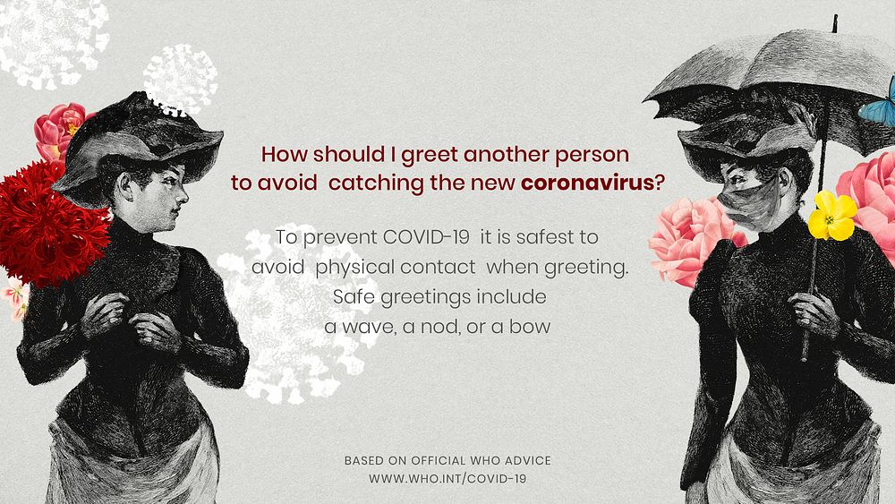 Advice on avoiding physical greeting during the COVID-19 pandemic by WHO and vintage illustration psd mockup banner 
