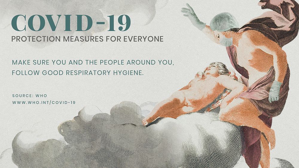 COVID-19 protection measure guide with ancient Greek painting remix illustration psd mockup banner