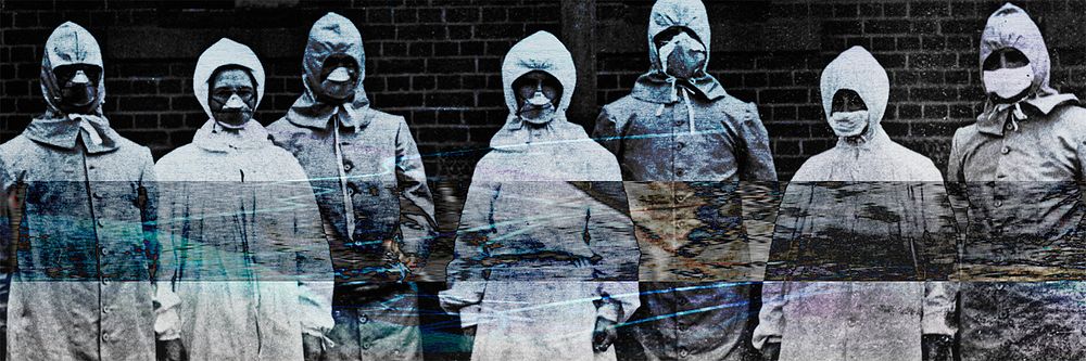 People in protective suits from the Spanish flu epidemic coronavirus contaminated background