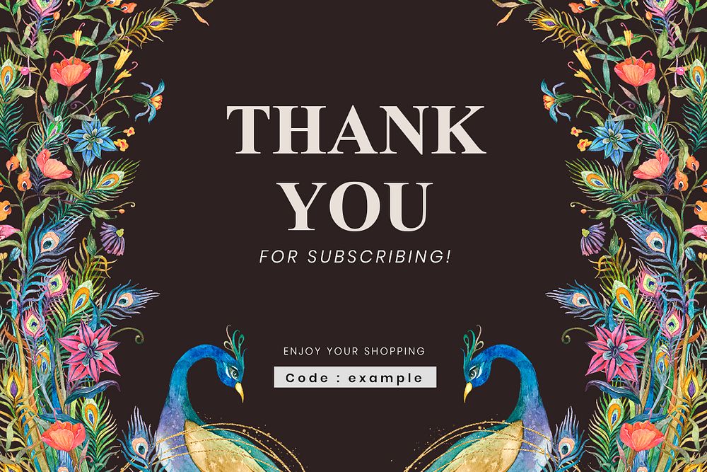 Editable social banner template psd with watercolor peacocks and flowers on dark background with thank you for subscribing…