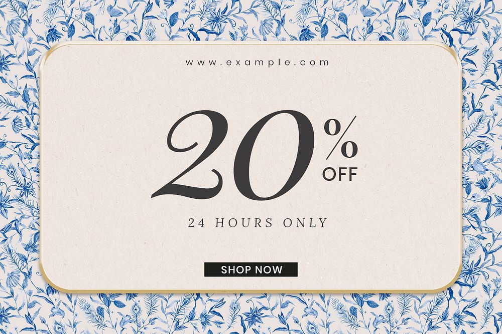 Editable sale banner template psd with watercolor blue flower illustration with 20% off text