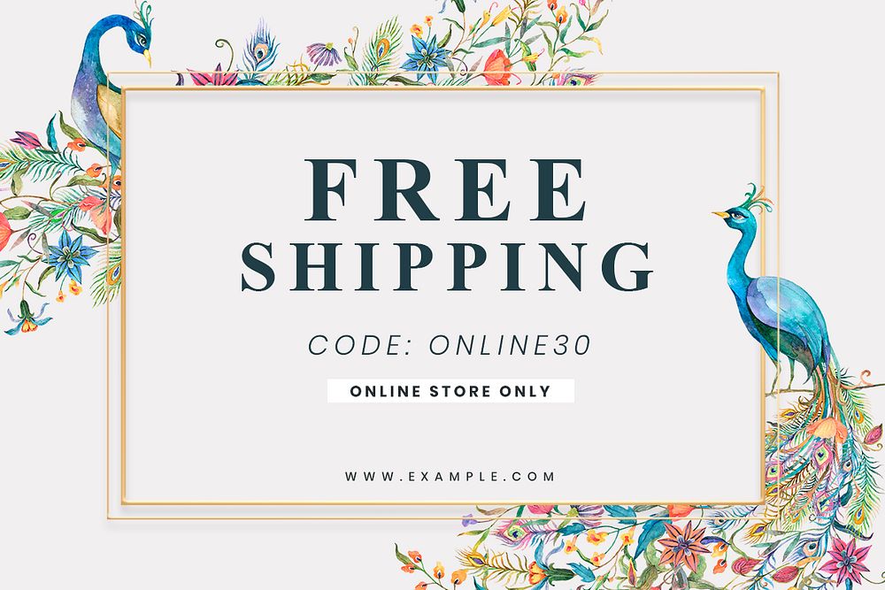 Editable shop banner template psd with watercolor peacocks and flowers on beige background for free shipping ad