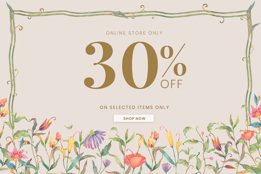 Editable sale banner template psd with watercolor peacocks and flowers on beige background with 30% off