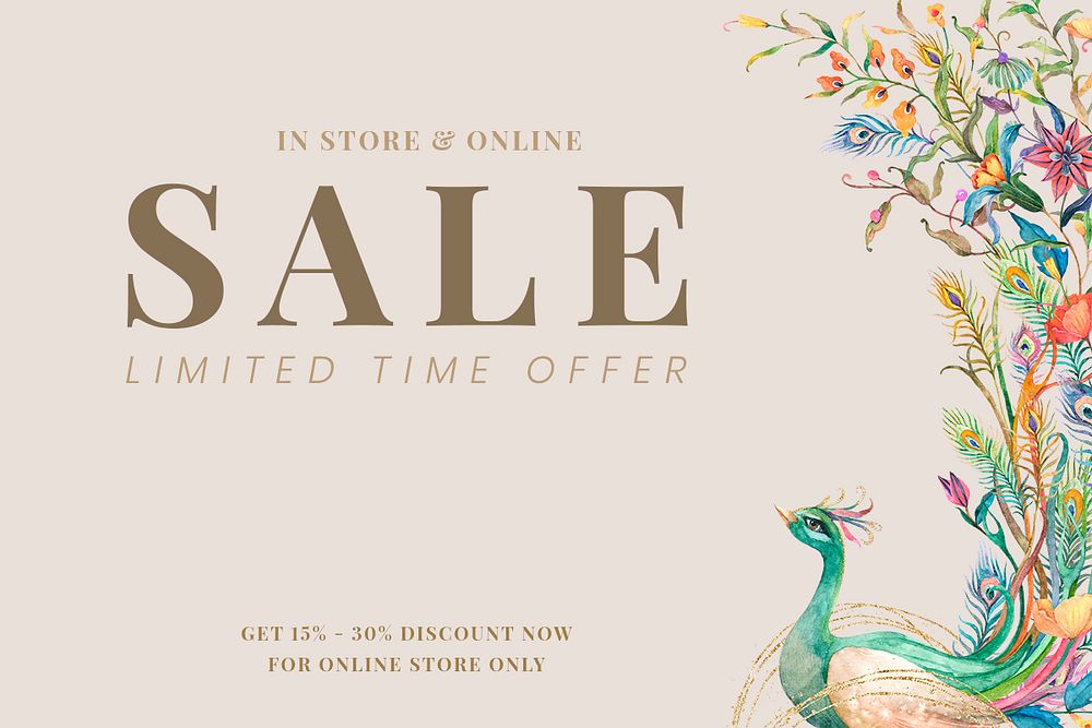 Editable sale banner template psd with watercolor peacocks and flowers on beige background for limited time offer sale