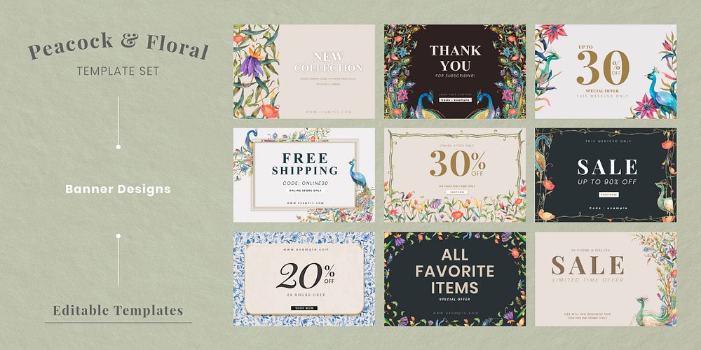 Editable banner templates psd for online shop ads with watercolor peacocks and flowers illustration