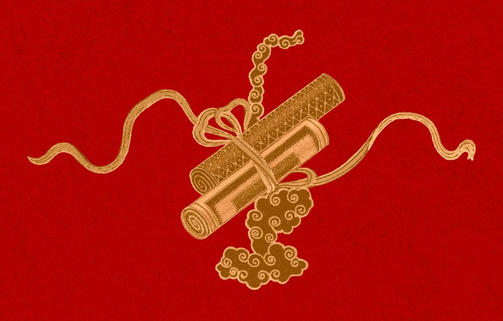 Gold red Chinese art scroll decorative ornament clipart