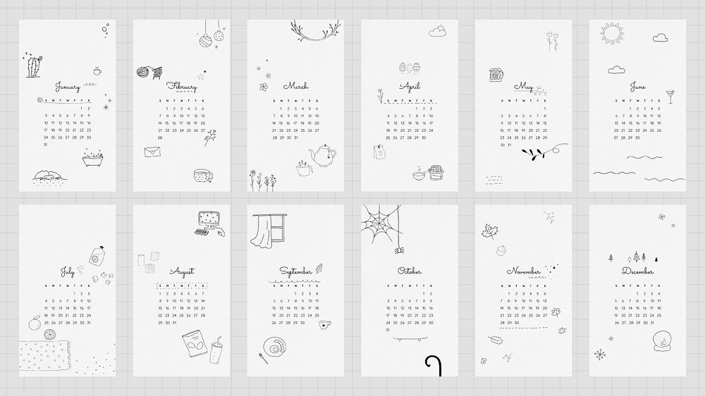 2021 calendar printable template psd set cute doodle drawing