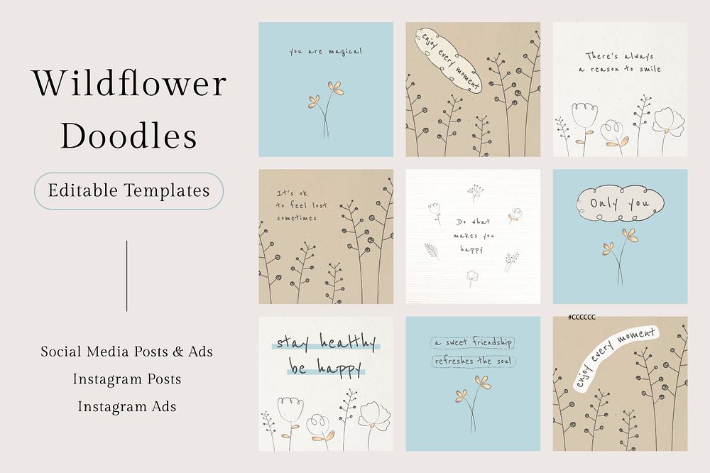 Motivational quote editable template psd with wildflower doodles set