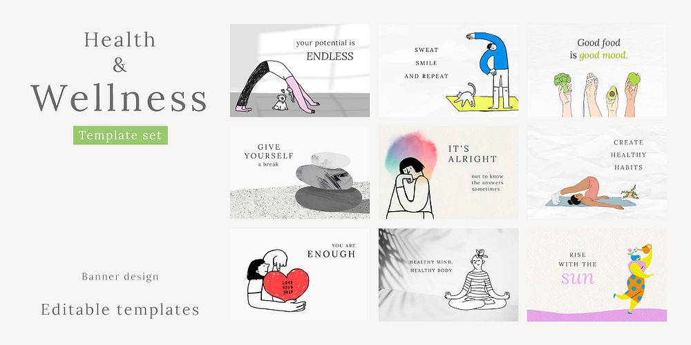 Health and wellness templates psd colorful and cute illustrations set