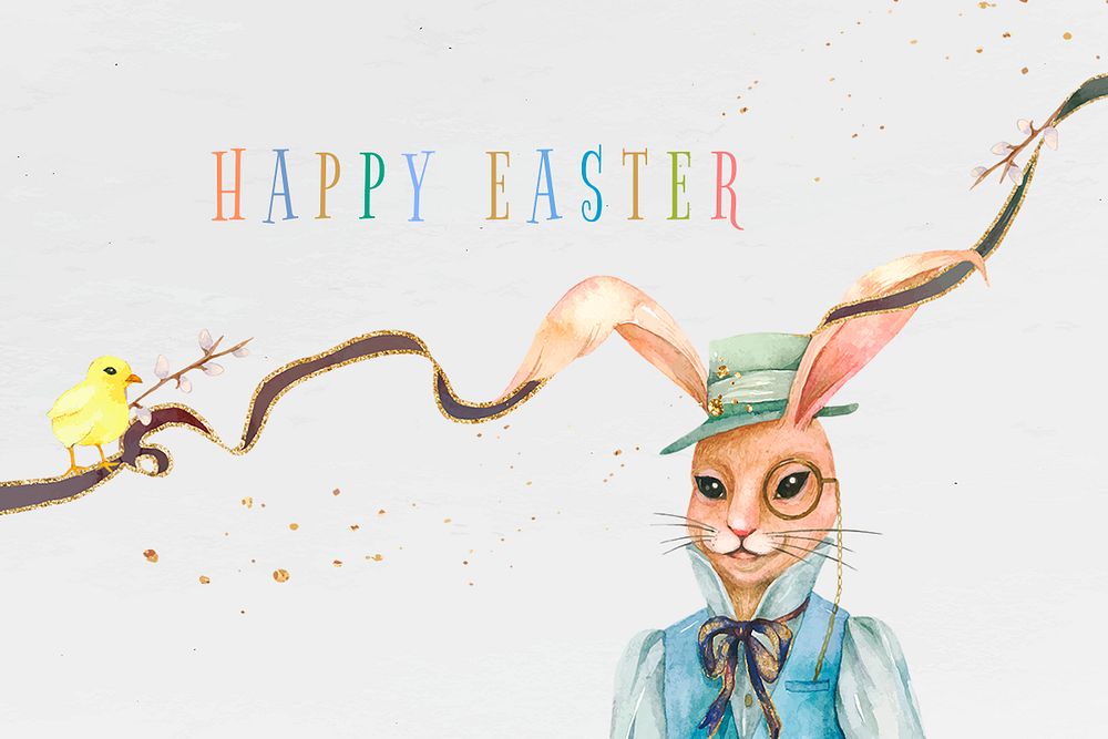 Editable Happy Easter template psd holidays celebration watercolor greeting with bunny vintage illustration