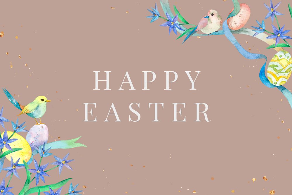Happy Easter watercolor template psd eggs and birds brown greeting banner