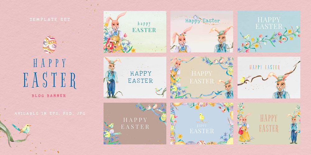 Editable Happy Easter templates psd holidays greeting watercolor illustrations set