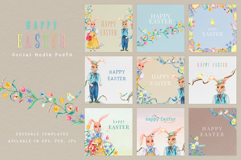 Happy Easter greeting templates psd colorful vintage illustrations collection