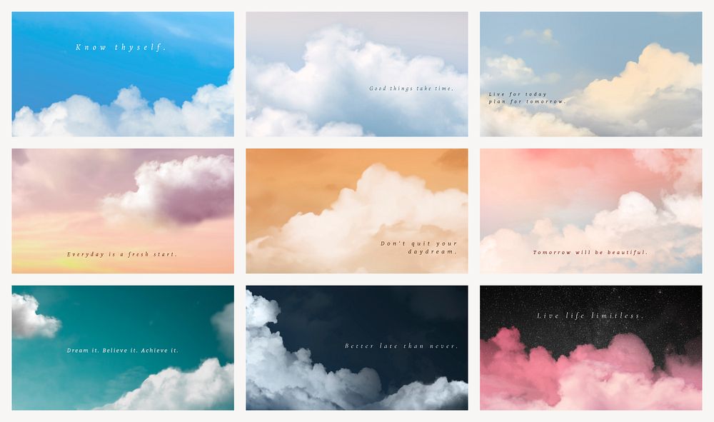 Sky and clouds psd presentation template with motivation quote set