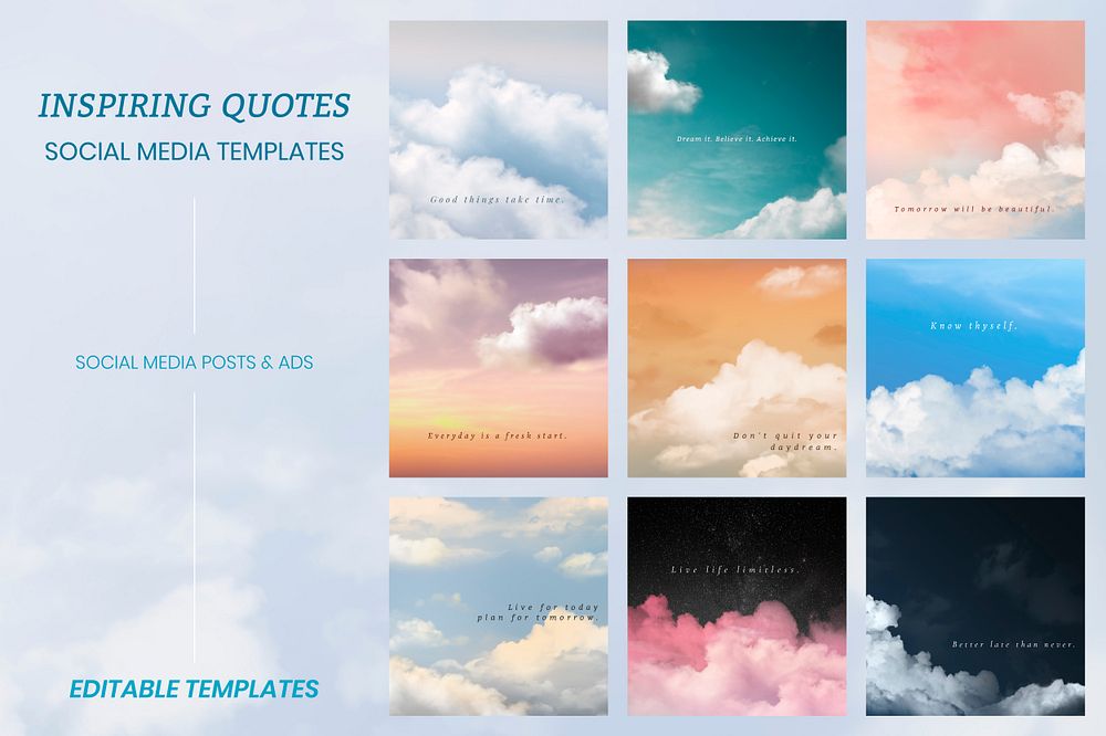 Sky and clouds psd editable social media template with motivation/inspiring quote set