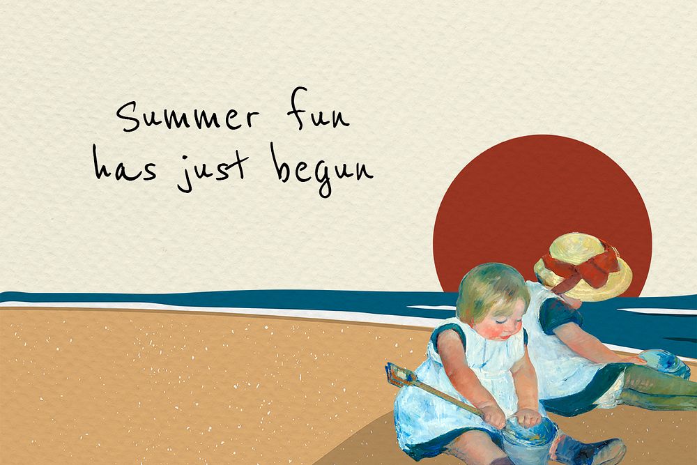 Summer template psd with children playing on the beach, remixed from artworks by Mary Cassatt