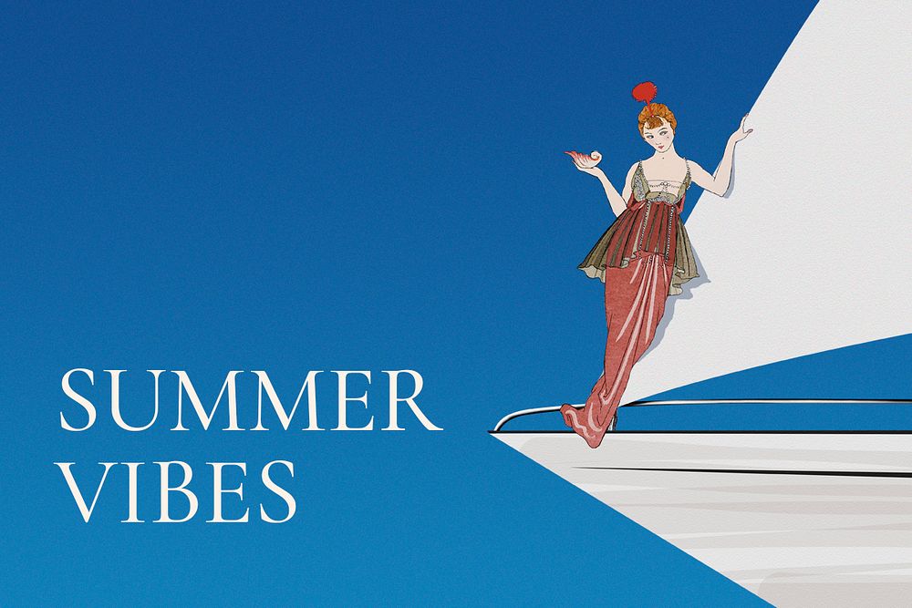 Summer template psd with woman on sailing boat, remixed from artworks by George Barbier