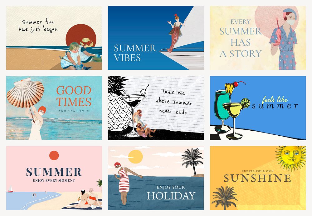 Summer quote psd editable template set, remixed from public domain artworks