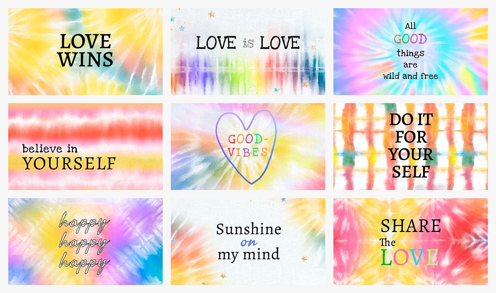 Inspirational quote template psd for presentation on colorful tie dye background set