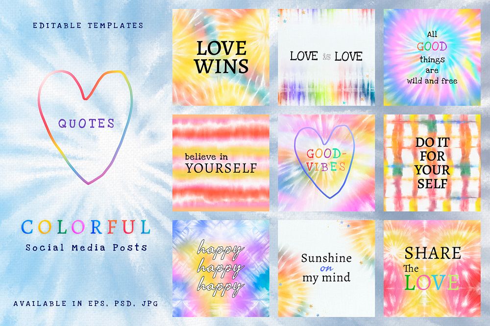 Colorful editable template psd for social media post tie dye set