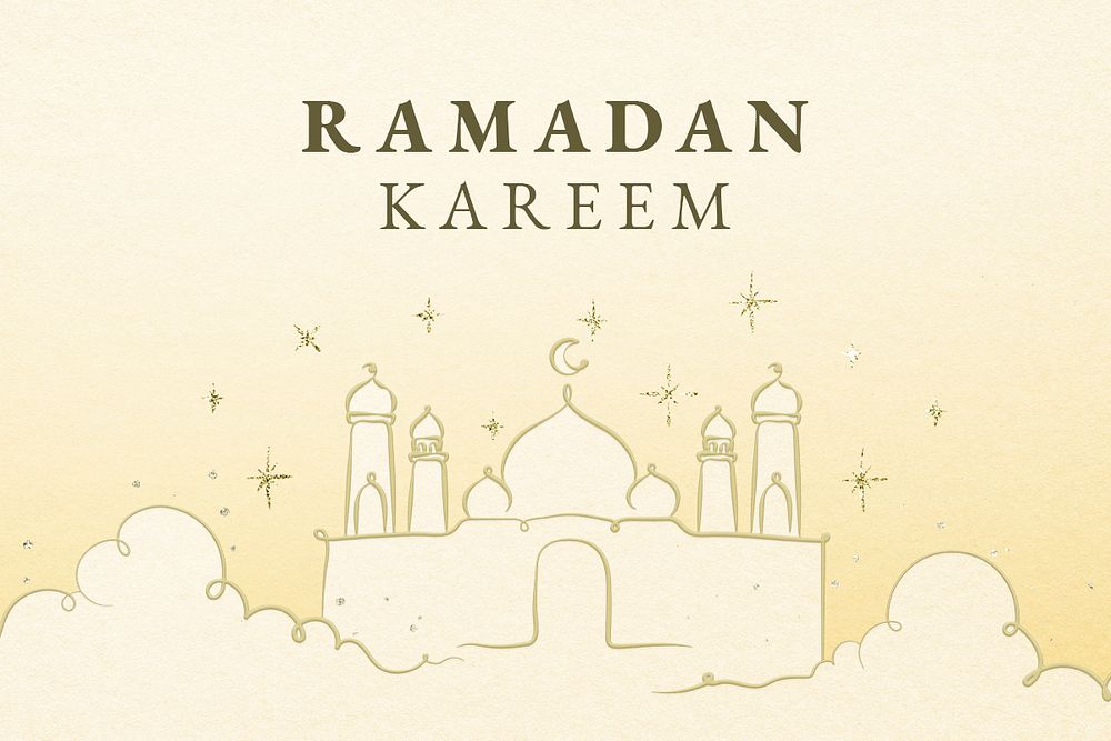 Editable ramadan banner template psd with Islamic architecture on yellow background
