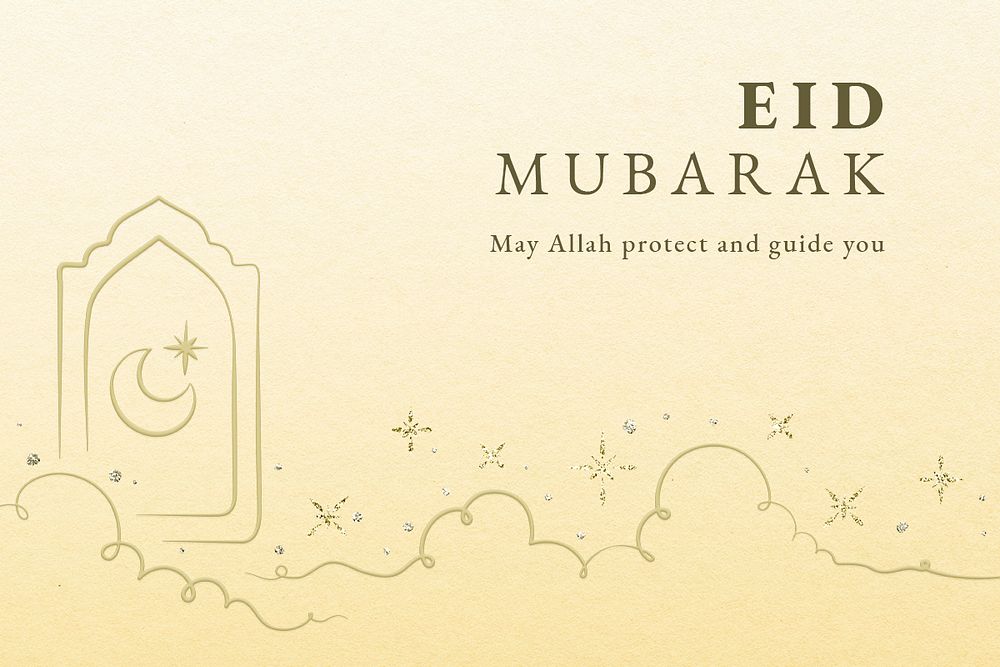 Eid mubarak banner template psd with star and crescent moon on yellow background