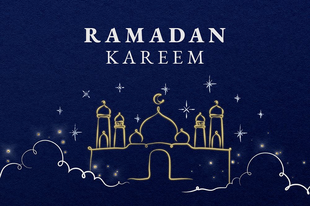 Editable ramadan banner template psd with Arabic architecture on blue background