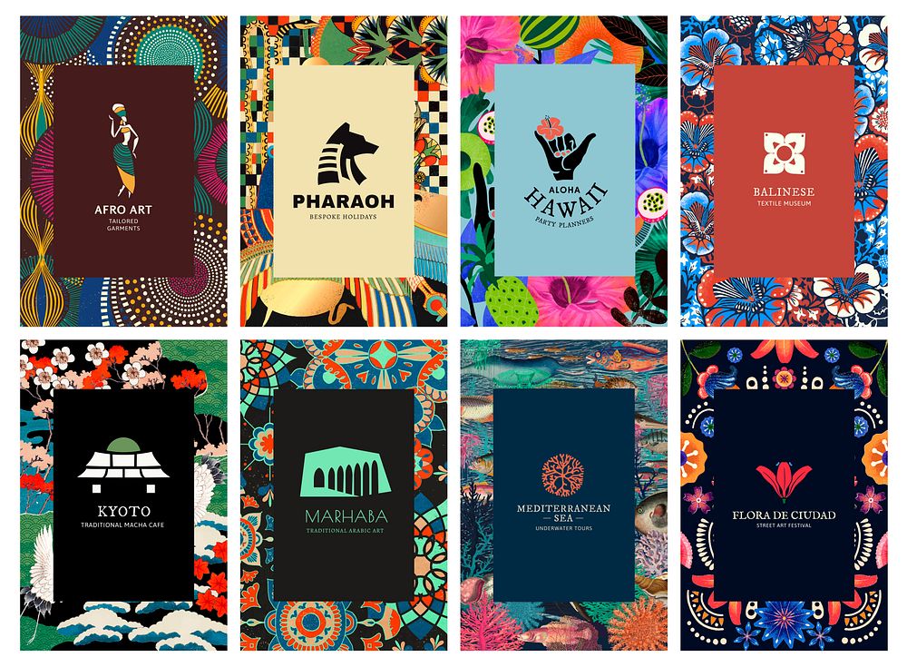 Ethnic pattern template psd with minimal logo set, remixed from public domain artworks