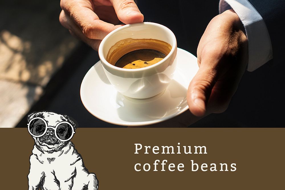 Vintage cafe banner template psd with coffee cup and cute pug puppy