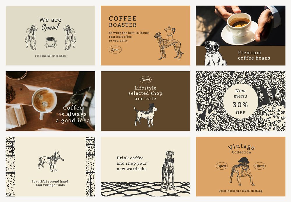 Vintage quote template psd with dog set, remixed from artworks by Moriz Jung