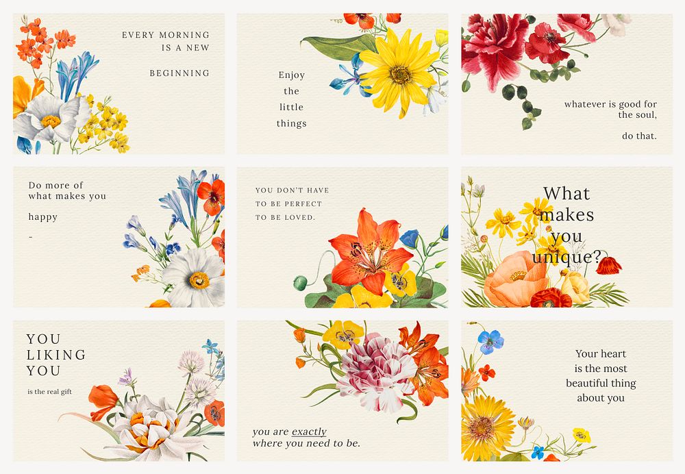 Vintage floral quote template psd illustration set, remixed from public domain artworks