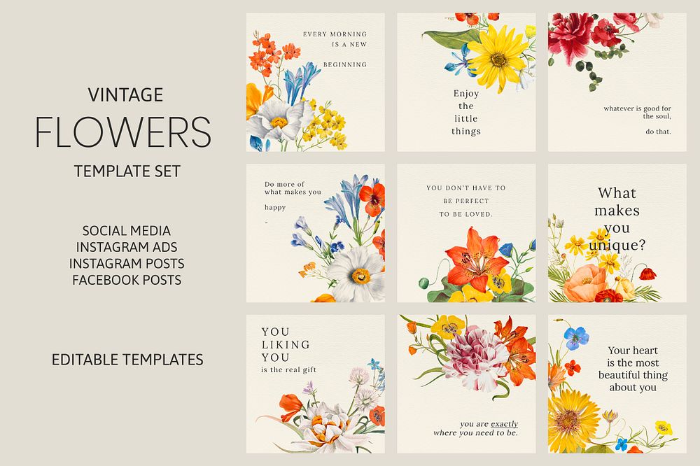 Colorful floral quote template psd set, remixed from public domain artworks